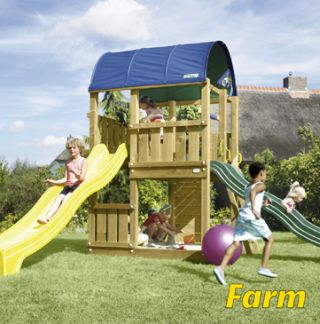 Dětské hřiště Farm - modrá střecha , žlutá a a zelená skluzavka